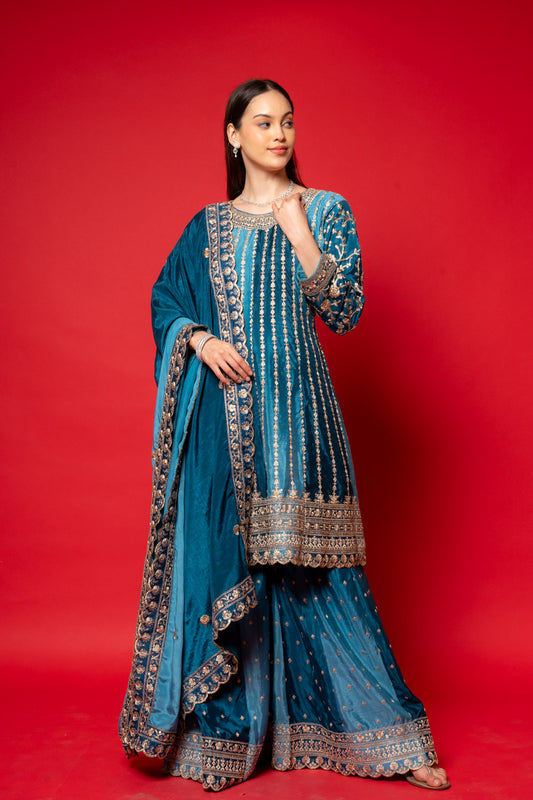 Sky Blue Crepe Readymade Suit And Palazzo With Chinon Dupatta