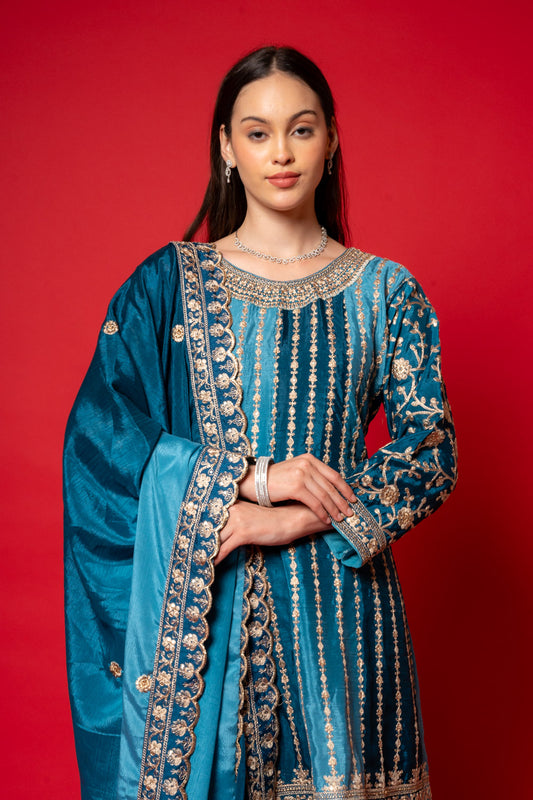 Sky Blue Crepe Readymade Suit And Palazzo With Chinon Dupatta