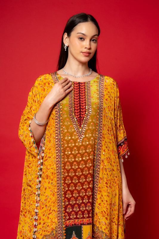 Mustard Gotta Patti, Mirror, Sequence & Digital Printed Crepe Readymade Suit With Pant