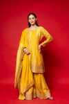 Lemon Gold Crepe Readymade Suit And Palazzo With Chinon Dupatta