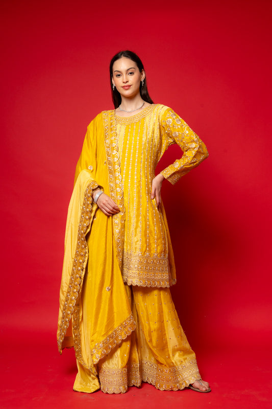 Lemon Gold Crepe Readymade Suit And Palazzo With Chinon Dupatta