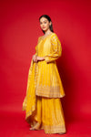 Lemon Gold Crepe Readymade Suit And Palazzo With Chinon Dupatta