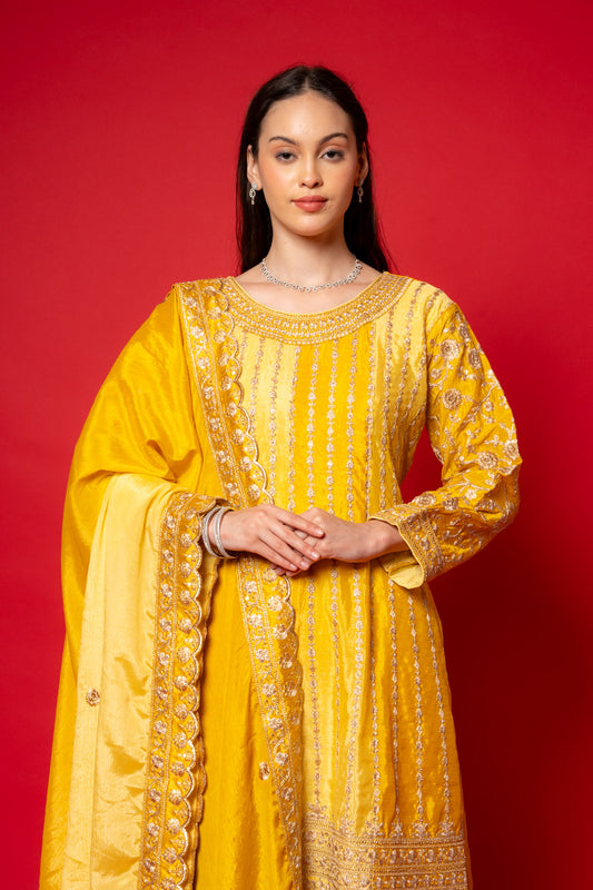 Lemon Gold Crepe Readymade Suit And Palazzo With Chinon Dupatta