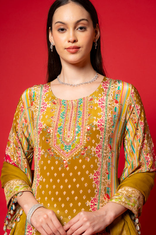 Pista Crepe Readymade Suit And Pant With Chiffon Dupatta