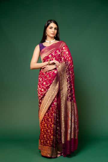 Garnet Woven Zari Khaddi Georgette Saree With Unstitched Blouse