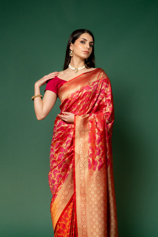 Rani Woven Zari Banarasi Silk Saree With Unstitched Blouse