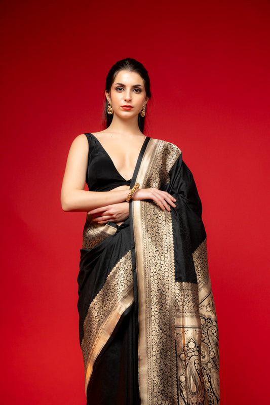 Black Banarasi Silk Woven Zari Saree With Unstitched Blouse