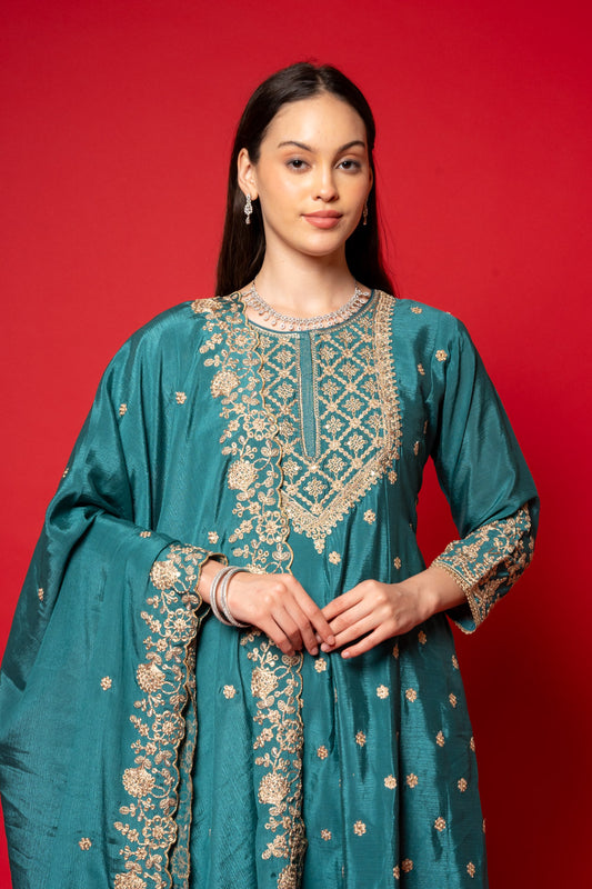 Rama Crepe Readymade Suit And Palazzo With Chinon Dupatta