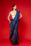 Midnight Blue Banarasi Woven Zari Banarasi Silk Saree With Unstitched Blouse