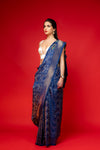 Midnight Blue Banarasi Woven Zari Banarasi Silk Saree With Unstitched Blouse