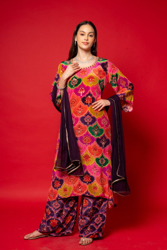 Rani Crepe Readymade Suit And Pant With Chiffon Dupatta