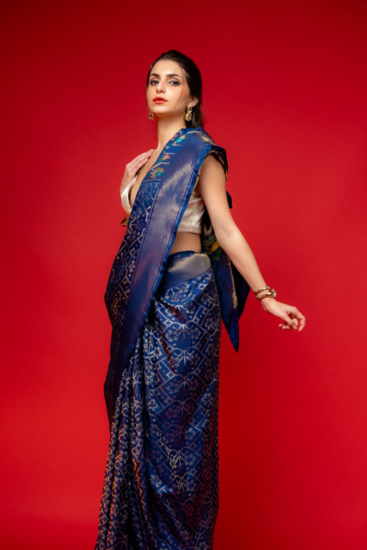 Midnight Blue Banarasi Woven Zari Banarasi Silk Saree With Unstitched Blouse