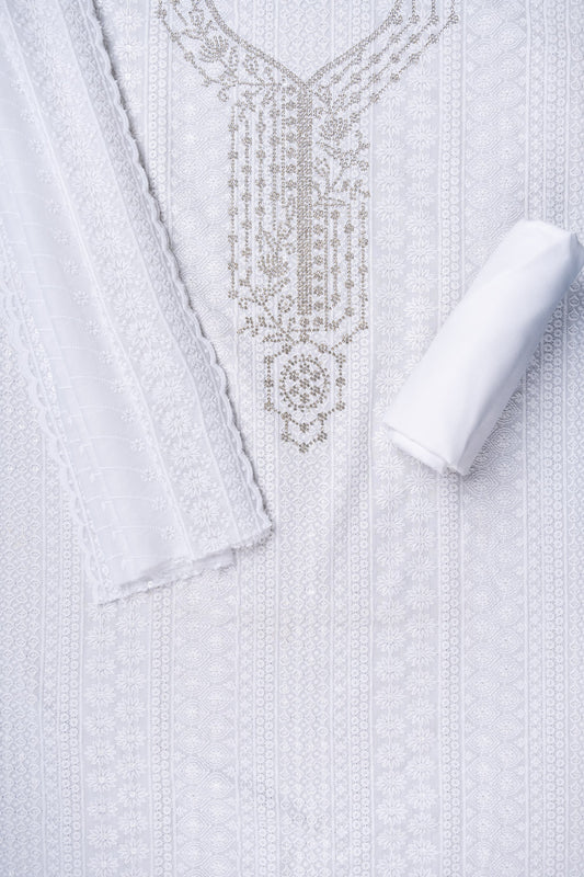 White Sequence, Zarkan & Threadwork Cotton Unstitched Salwar Suit With Cotton Dupatta