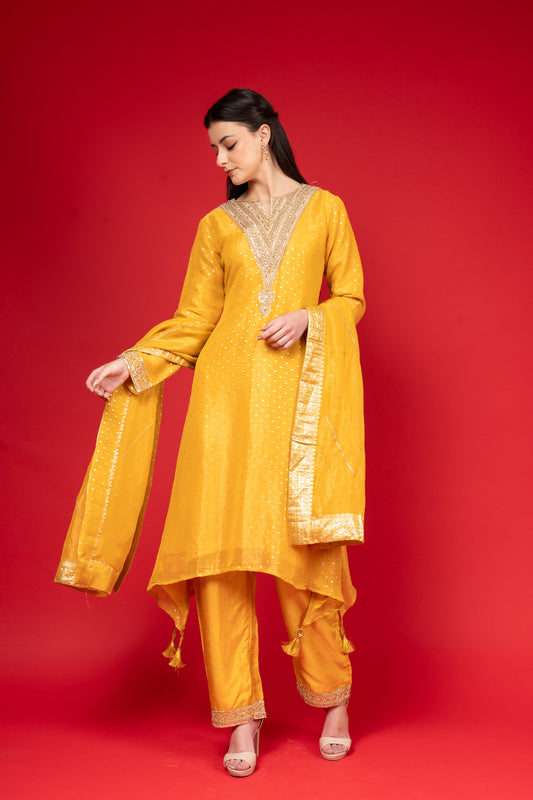 Gold Tissue Readymade Suit And Pant With Tissue Dupatta