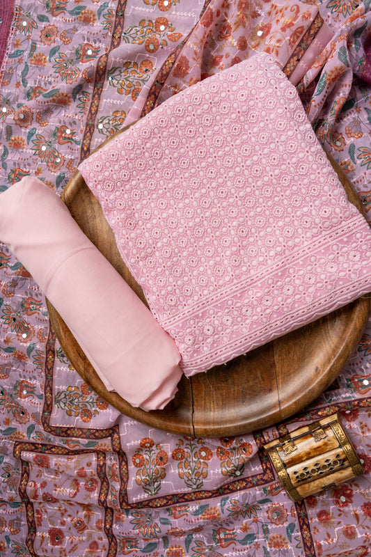 Pink Cutwork, Mirror & Threadwork Georgette Unstitched Salwar Suit With Georgette Dupatta