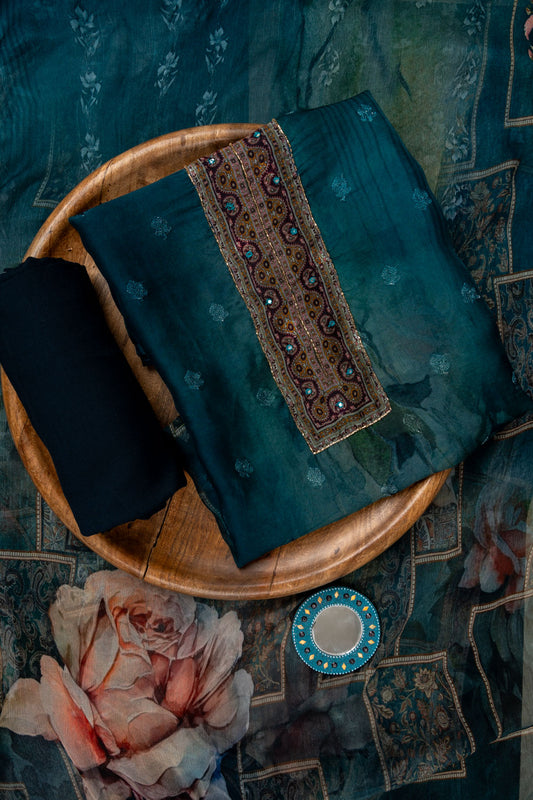 Peacock Cutdana, Mirror Sheet, Threadwork & Digital Printed Organza Unstitched Salwar Suit With Chiffon Dupatta