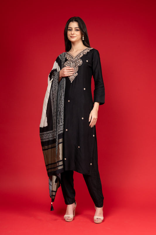 Black Cotton Readymade Suit And Pant With Cotton Silk Dupatta