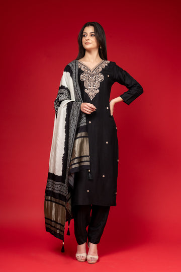 Black Cotton Readymade Suit And Pant With Cotton Silk Dupatta