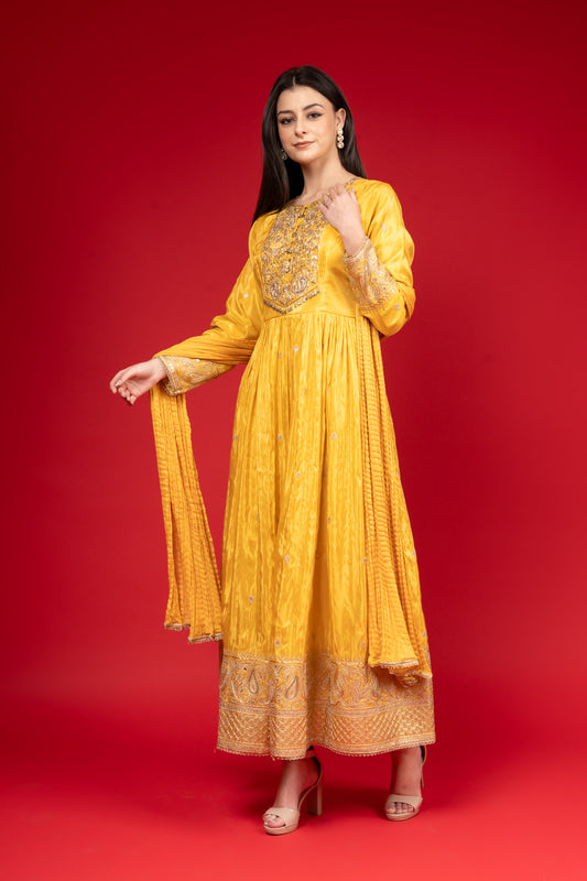 Mustard Tissue Floor Length Readymade Suit And Palazzo With Chinon Dupatta