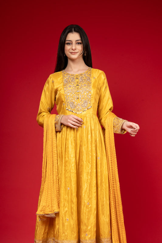 Mustard Tissue Floor Length Readymade Suit And Palazzo With Chinon Dupatta