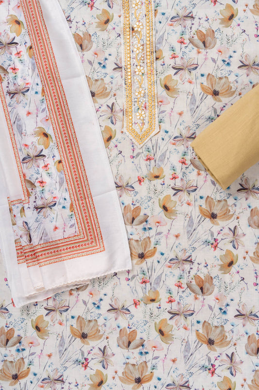 White Pista Mirror Sheet, Threadwork & Floral Printed Cotton Unstitched Salwar Suit With Cotton Dupatta