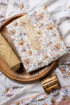 White Pista Mirror Sheet, Threadwork & Floral Printed Cotton Unstitched Salwar Suit With Cotton Dupatta