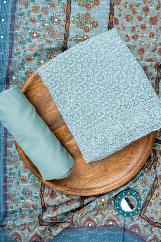 Tea-green Cutwork, Mirror & Threadwork Georgette Unstitched Salwar Suit With Georgette Dupatta