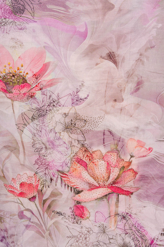 Mauve Swarovski, Zari Threadwork, Digital & Floral Printed Chinon Unstitched Salwar Suit With Chinon Dupatta