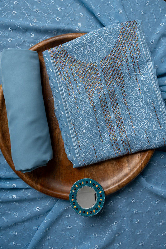 Grey Swarovski & Threadwork Georgette Unstitched Salwar Suit With Georgette Dupatta