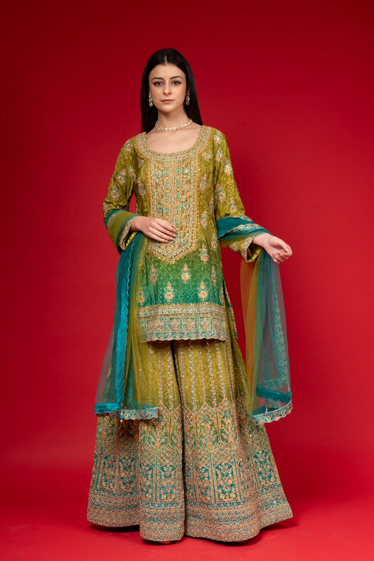 Pista Georgette Readymade Sharara Set With Net Dupatta