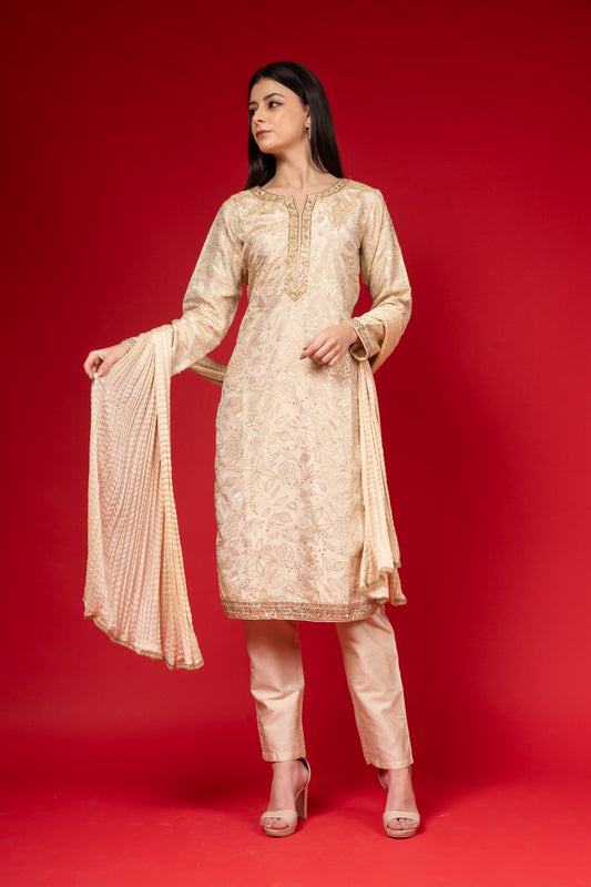 Off White Tissue Readymade Suit And Pant With Chinon Dupatta