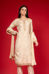 Off White Tissue Readymade Suit And Pant With Chinon Dupatta