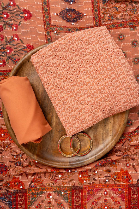 Peach Cutwork, Mirror & Threadwork Georgette Unstitched Salwar Suit With Georgette Dupatta