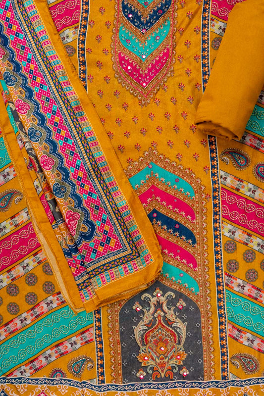 Mustard Cutdana, Mirror Sheet, Threadwork, Digital & Floral Printed Muslin Unstitched Salwar Suit With Muslin Cotton Dupatta