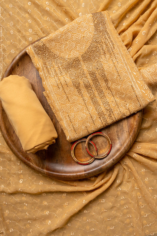 Mustard Bottle Swarovski & Threadwork Georgette Unstitched Salwar Suit With Georgette Dupatta