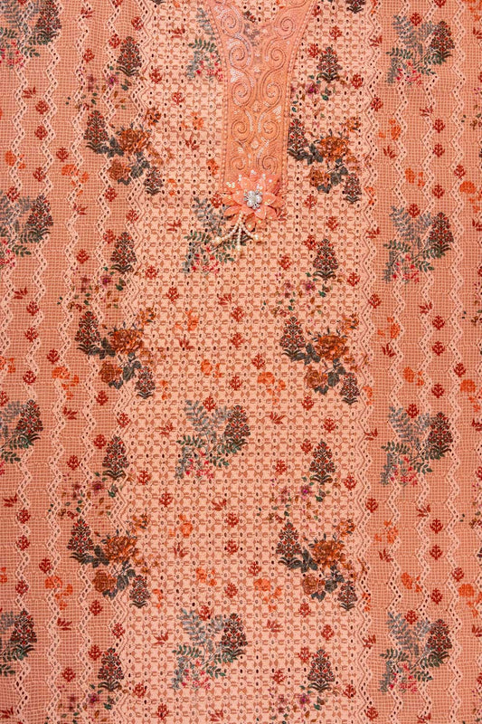 Peach Cutwork, Sequence, Threadwork & Digital Printed Georgette Unstitched Salwar Suit With Georgette Dupatta