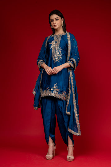 Peacock Satin Silk Readymade Suit And Dhoti With Organza Dupatta