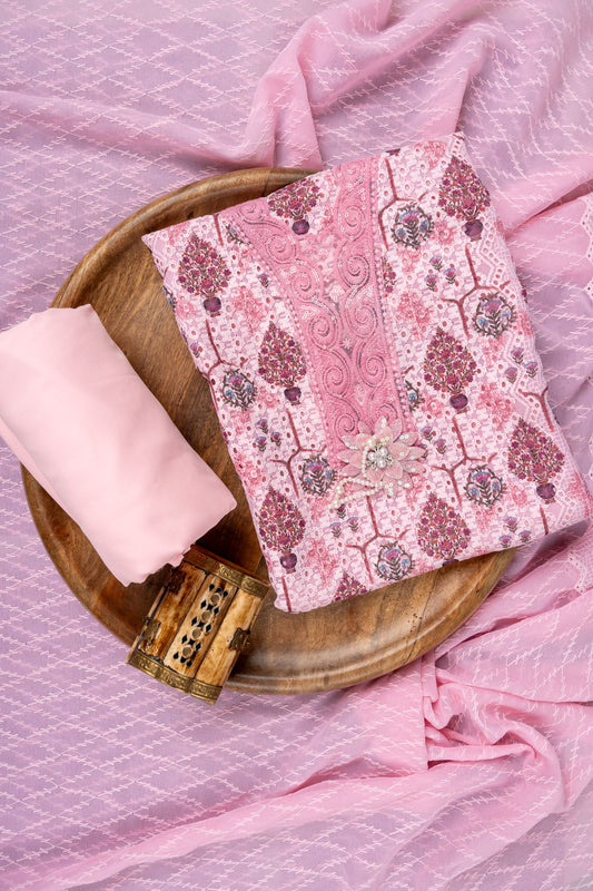 Pink Cutwork, Sequence, Threadwork & Digital Printed Georgette Unstitched Salwar Suit With Georgette Dupatta