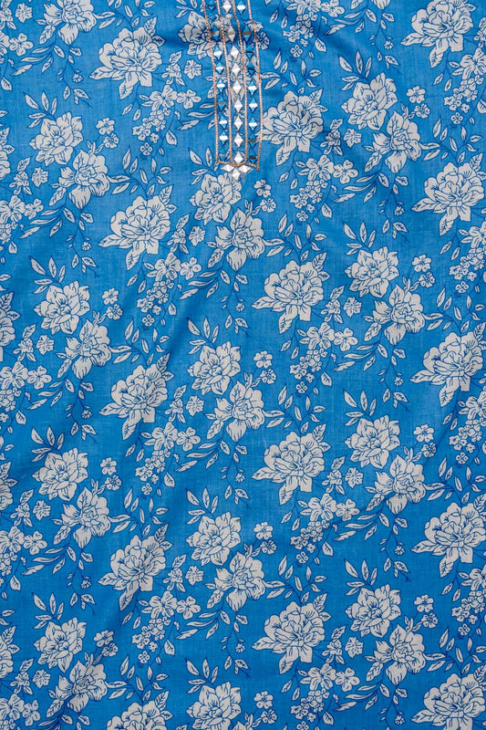 Sky Blue Mirror, Threadwork & Floral Printed Cotton Unstitched Salwar Suit With Cotton Dupatta