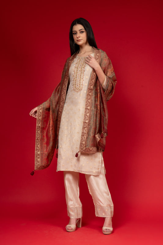 Off White Tissue Readymade Suit And Pant With Dolna Dupatta