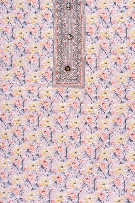 Pink Sequence, Threadwork & Floral Printed Cotton Unstitched Salwar Suit With Cotton Dupatta