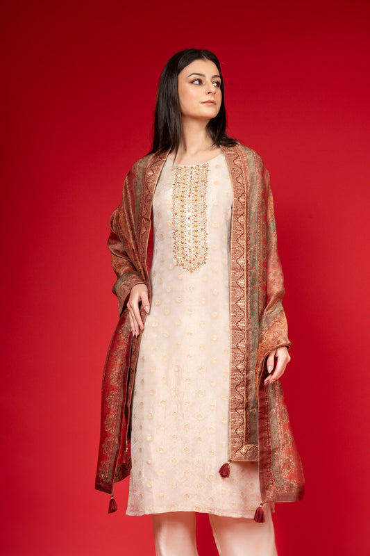 Off White Tissue Readymade Suit And Pant With Dolna Dupatta