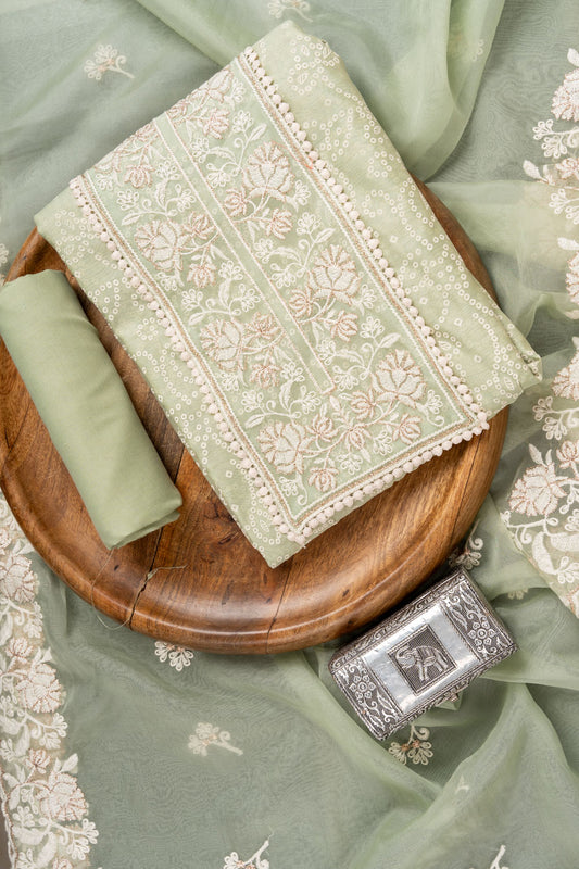 Pista Sequence, Threadwork & Bandhini Printed Chanderi Cotton Unstitched Salwar Suit With Organza Dupatta