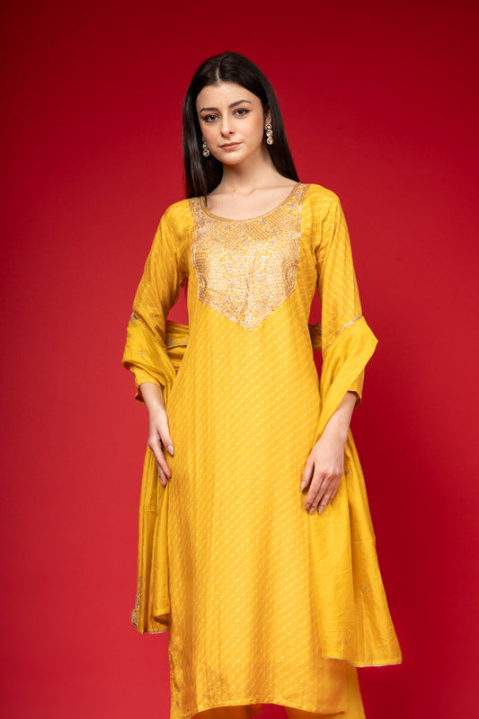 Mango Gold Cotton Readymade Suit And Pant With Cotton Dupatta