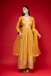 Mustard Cotton Floor Length Readymade Suit With Net Dupatta