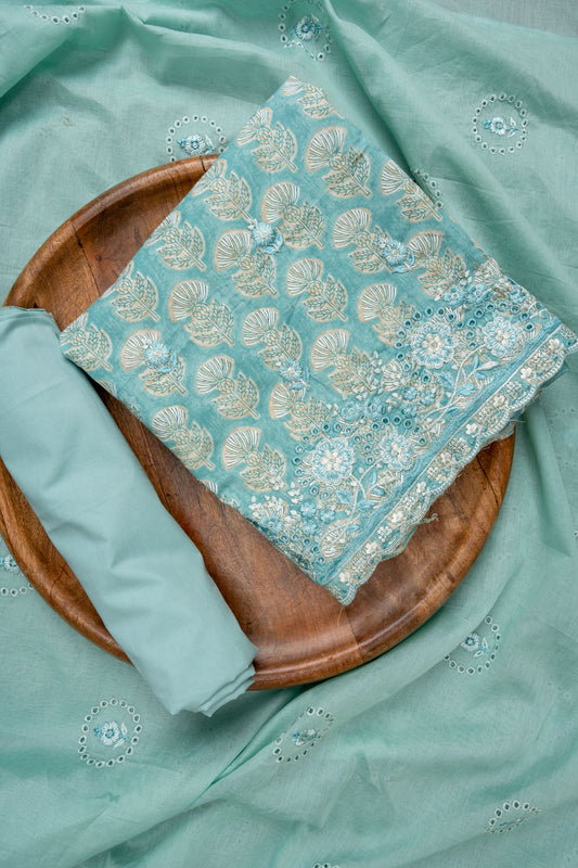 Tea Green Cutwork, Threadwork & Floral Printed Cotton Unstitched Salwar Suit With Cotton Dupatta