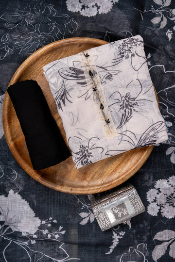 White & Black Cutdana, Sequence, Threadwork & Floral Printed Cotton Unstitched Salwar Suit With Cotton Dupatta