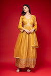 Mustard Cotton Floor Length Readymade Suit With Net Dupatta