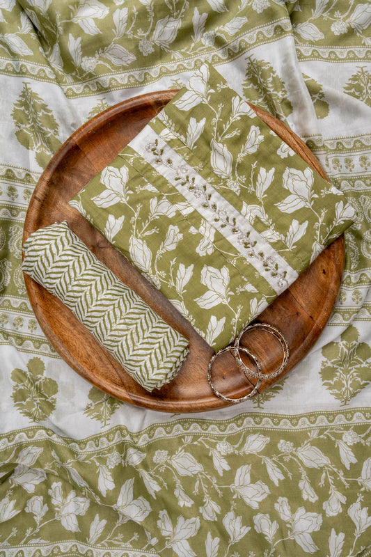 Pista Cutdana, Sequence, Threadwork & Floral Printed Cotton Unstitched Salwar Suit With Cotton Dupatta