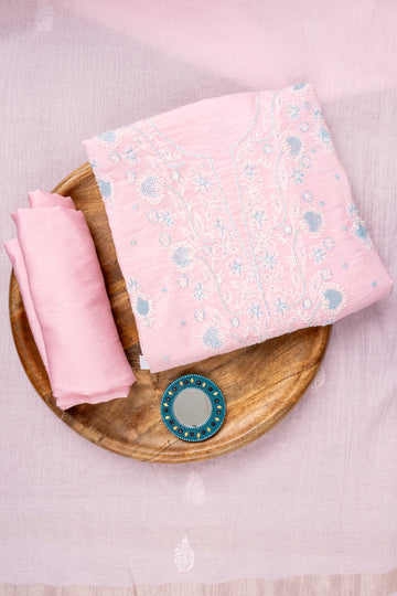 Pink Swarovski & Threadwork Cotton Unstitched Salwar Suit With Cotton Dupatta